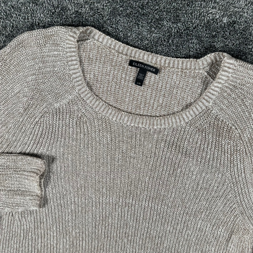 Eileen Fisher Sweater Womens L Beige Organic Cotton Tencel Rib Knit Pullover